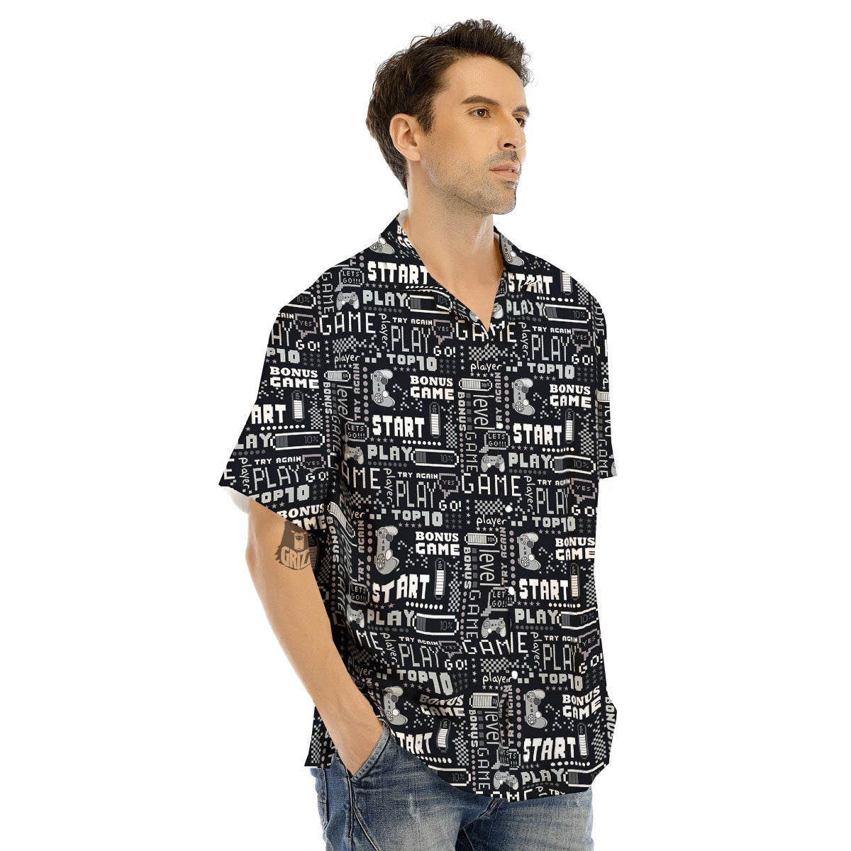 Video Game White And Black Print Pattern Men's Hawaiian Shirt-grizzshop