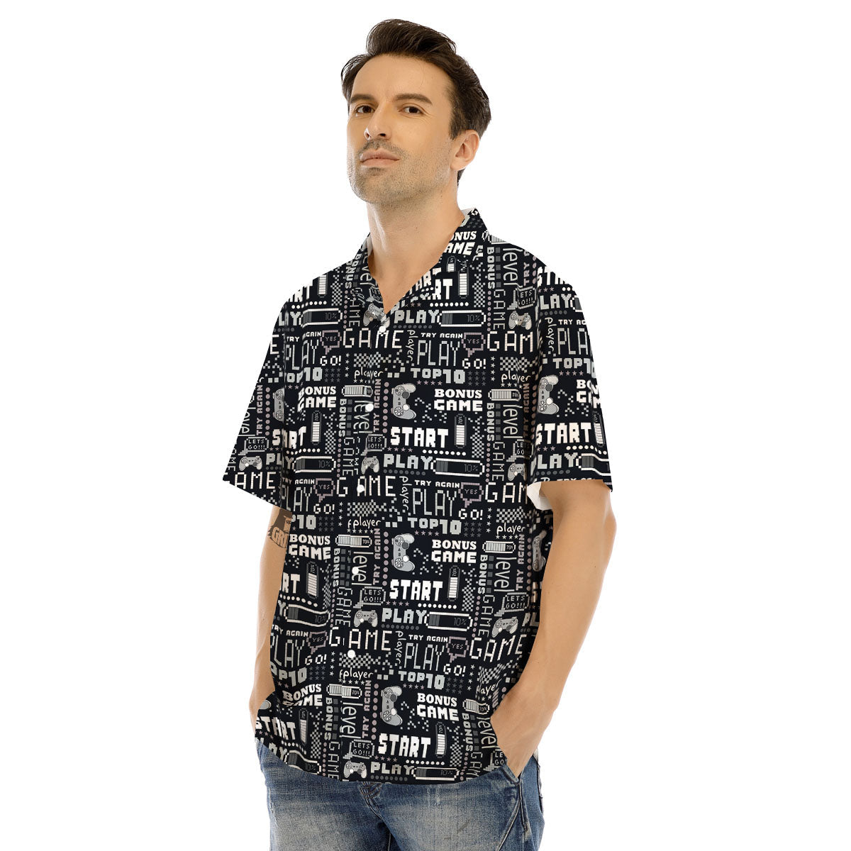 Video Game White And Black Print Pattern Men's Hawaiian Shirt-grizzshop