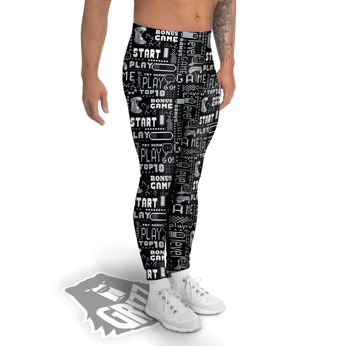 Video Game White And Black Print Pattern Men's Leggings-grizzshop