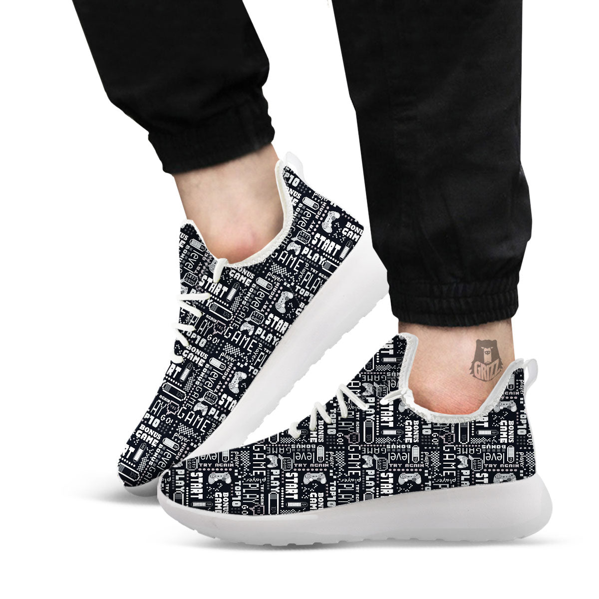 Video Game White And Black Print Pattern White Athletic Shoes-grizzshop