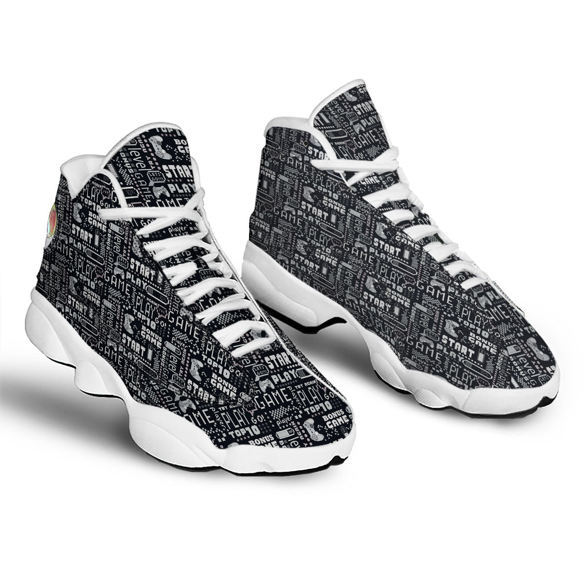 Video Game White And Black Print Pattern White Basketball Shoes-grizzshop