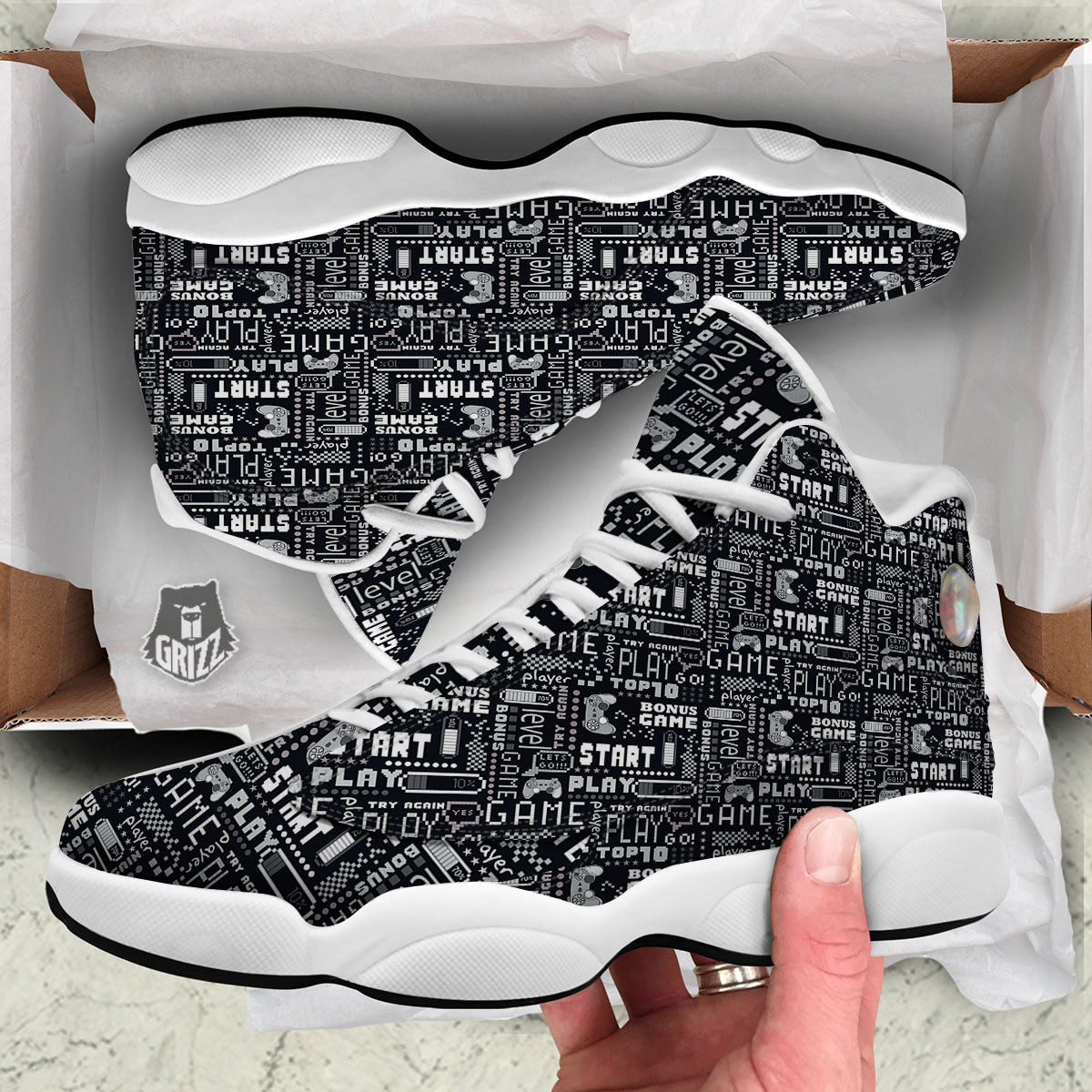 Video Game White And Black Print Pattern White Basketball Shoes-grizzshop