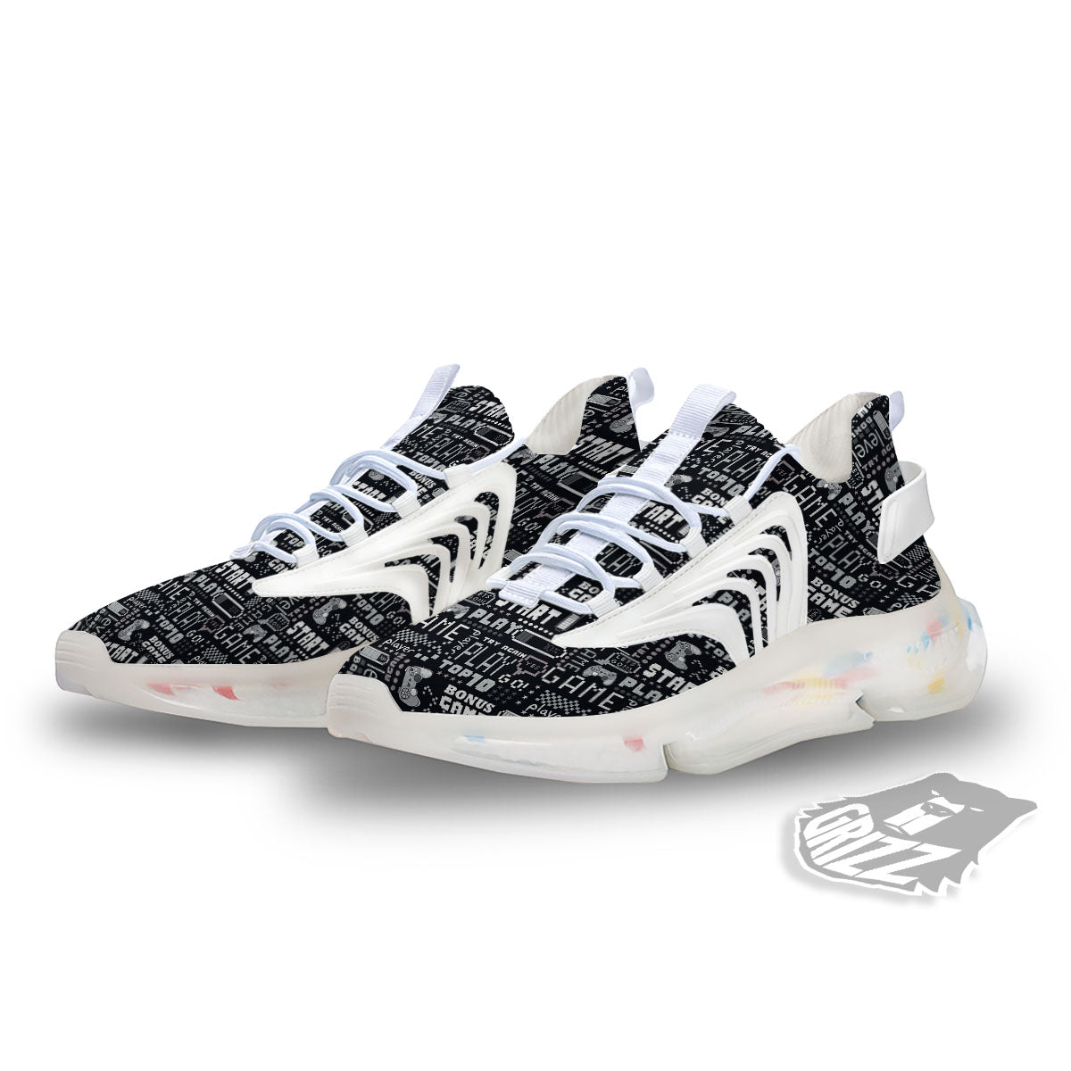 Video Game White And Black Print Pattern White Gym Shoes-grizzshop
