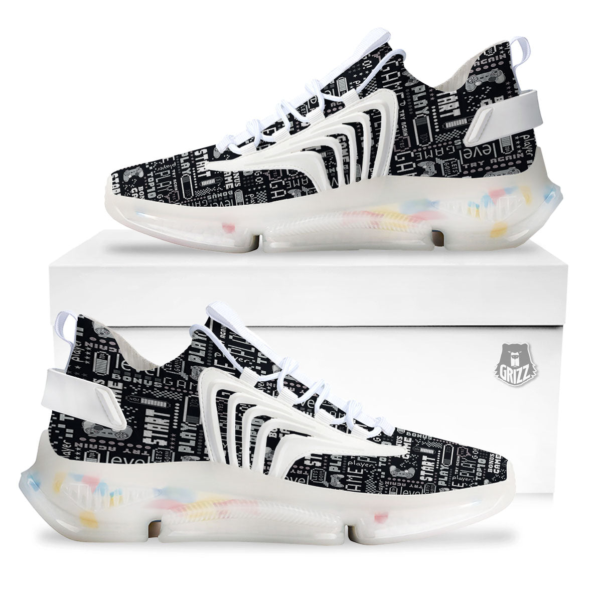 Video Game White And Black Print Pattern White Gym Shoes-grizzshop
