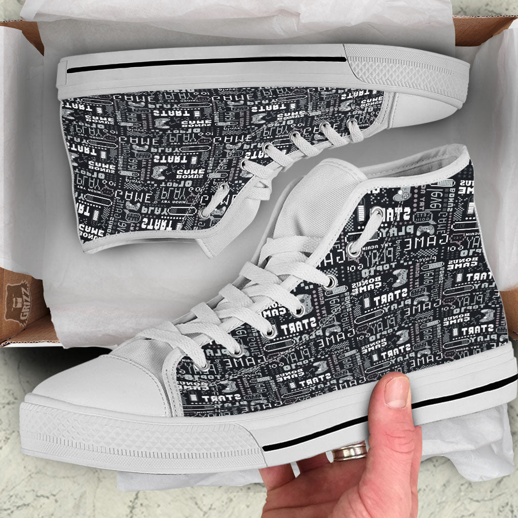 Video Game White And Black Print Pattern White High Top Shoes-grizzshop