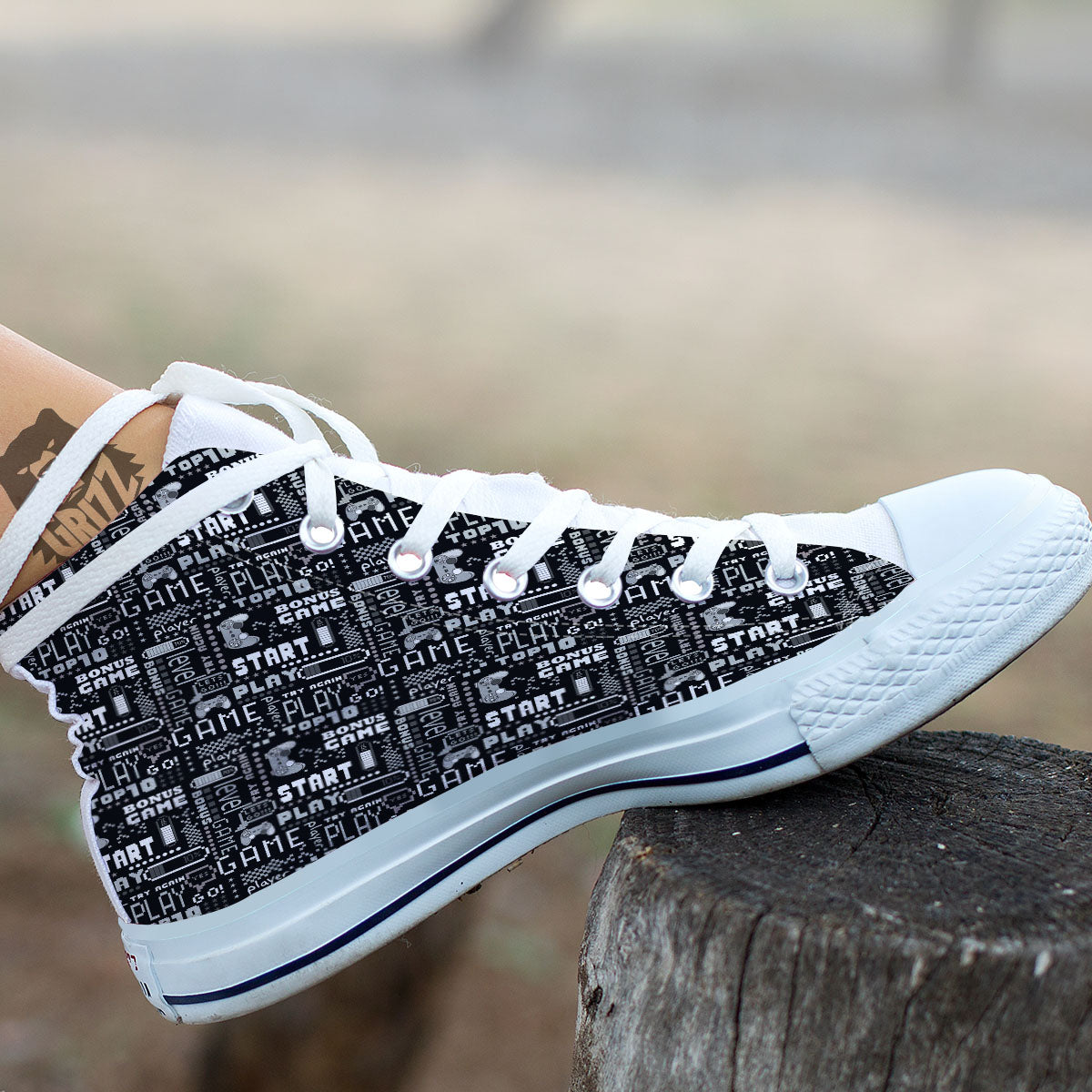 Video Game White And Black Print Pattern White High Top Shoes-grizzshop