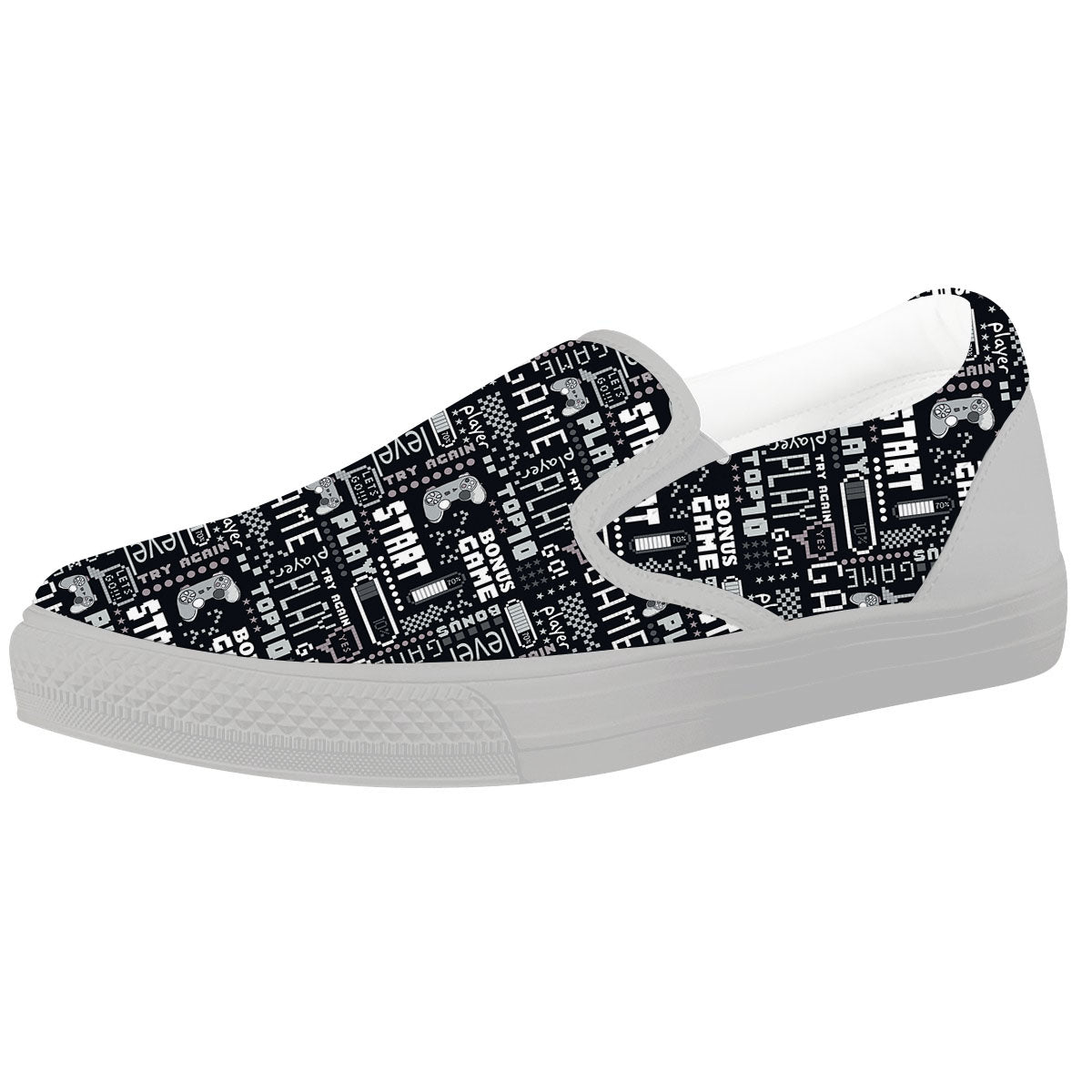 Video Game White And Black Print Pattern White Slip On Shoes-grizzshop