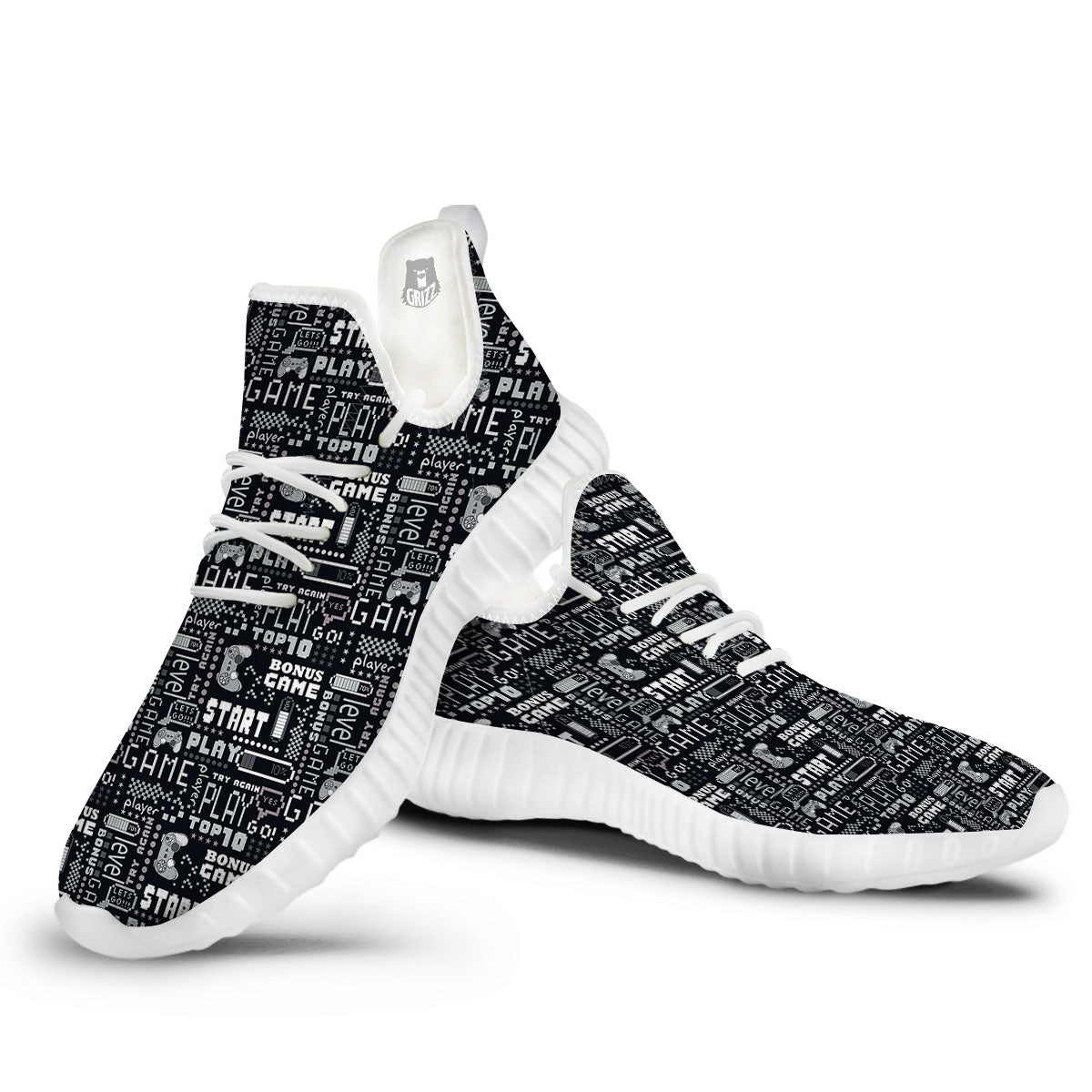 Video Game White And Black Print Pattern White Walking Shoes-grizzshop