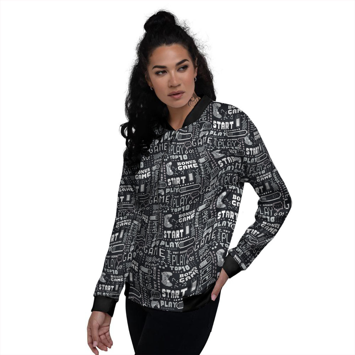 Video Game White And Black Print Pattern Women's Bomber Jacket-grizzshop