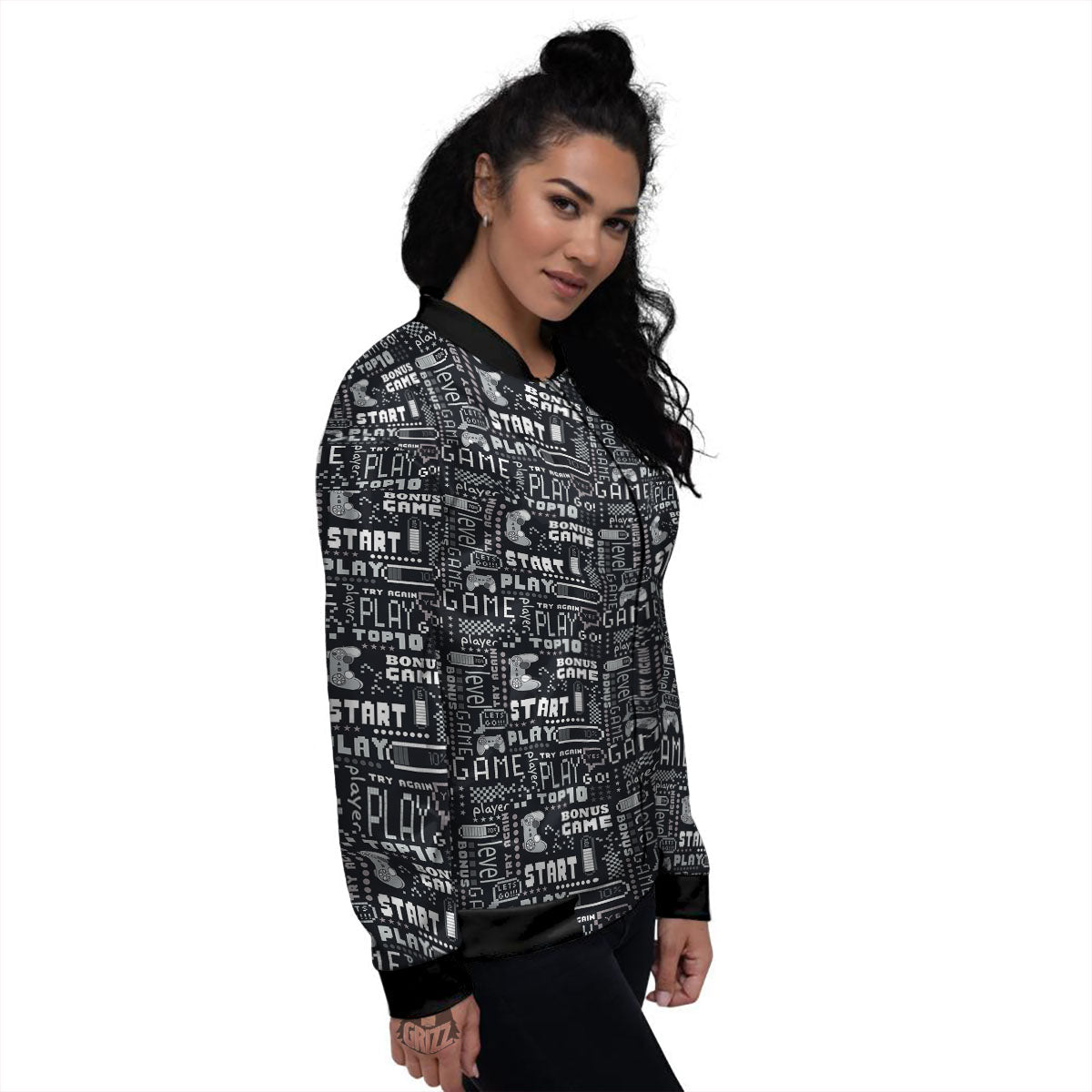 Video Game White And Black Print Pattern Women's Bomber Jacket-grizzshop