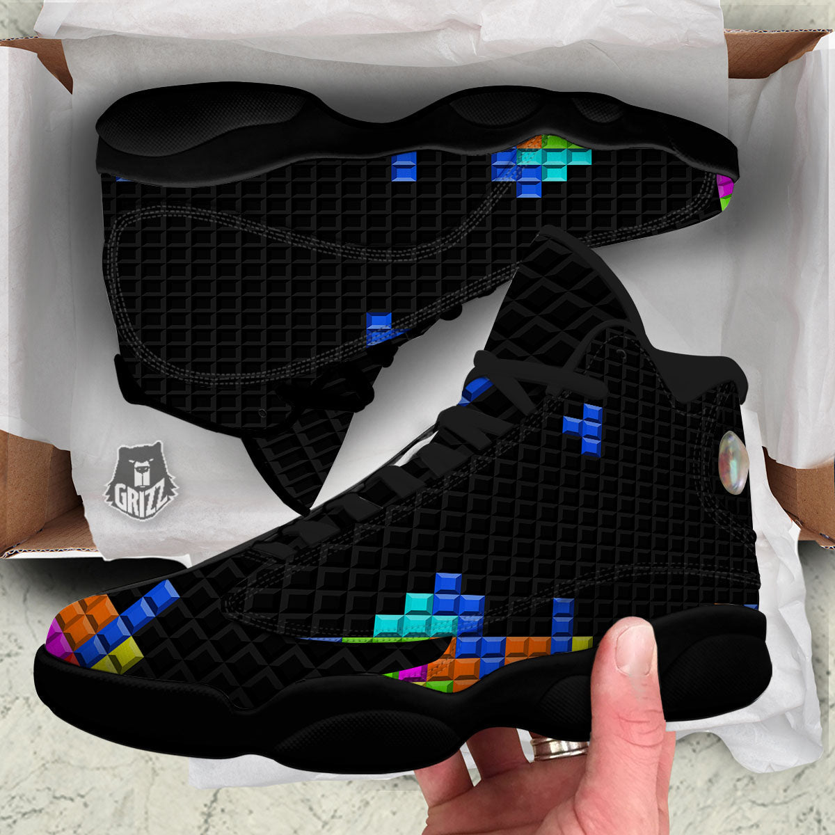 Video Game White Brick Puzzle Print Black Basketball Shoes-grizzshop