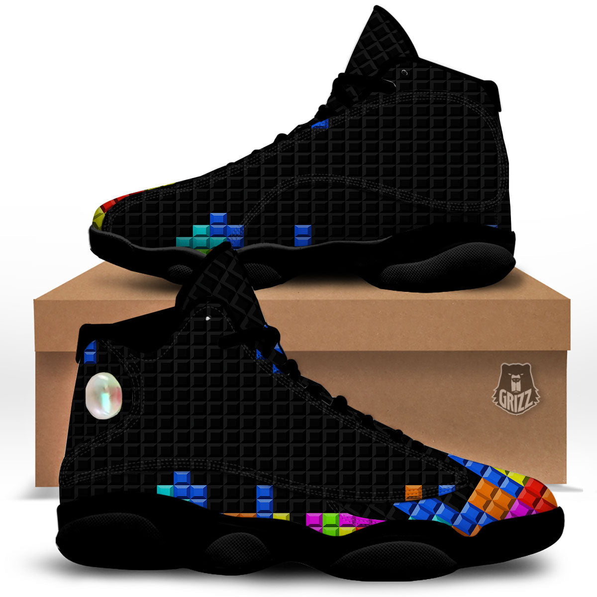 Video Game White Brick Puzzle Print Black Basketball Shoes-grizzshop
