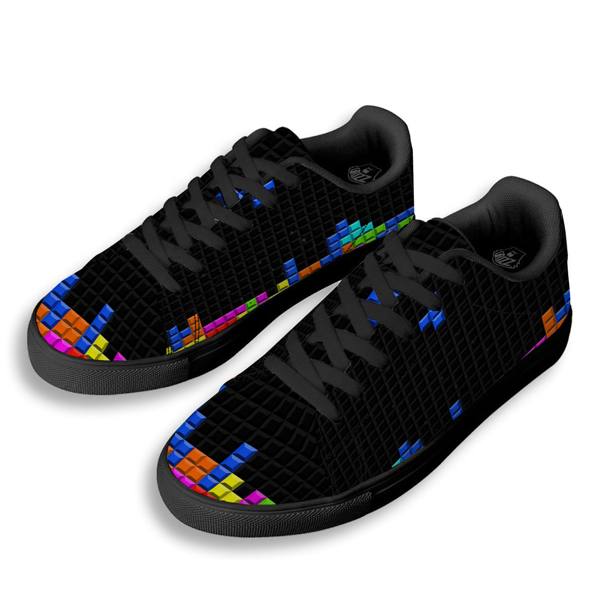 Video Game White Brick Puzzle Print Black Low Top Sneakers-grizzshop
