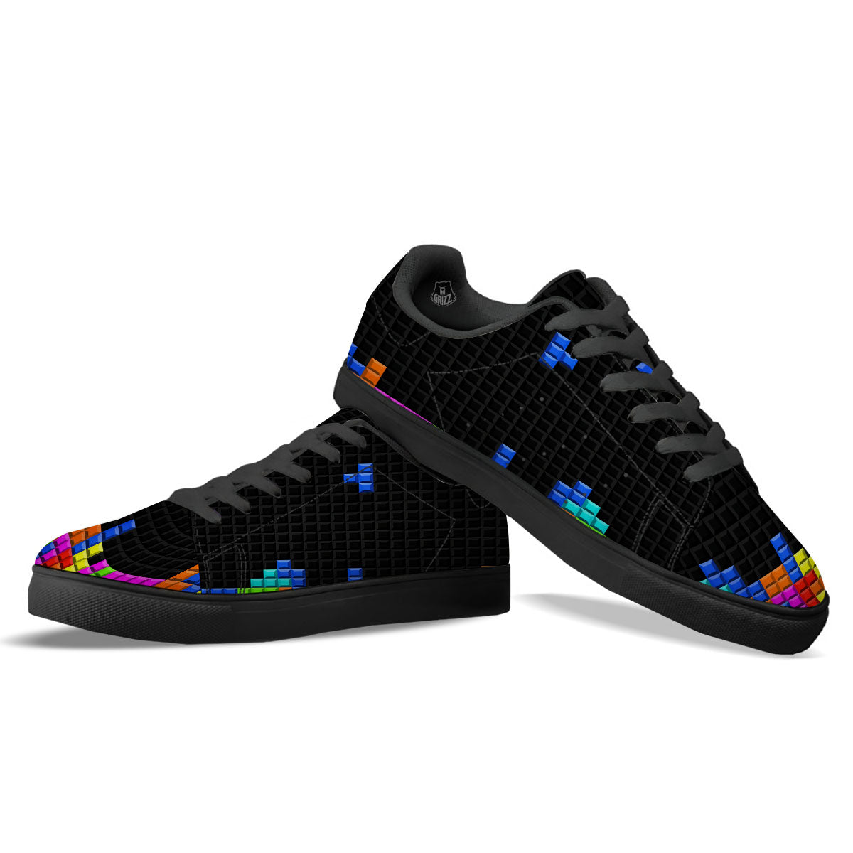 Video Game White Brick Puzzle Print Black Low Top Sneakers-grizzshop