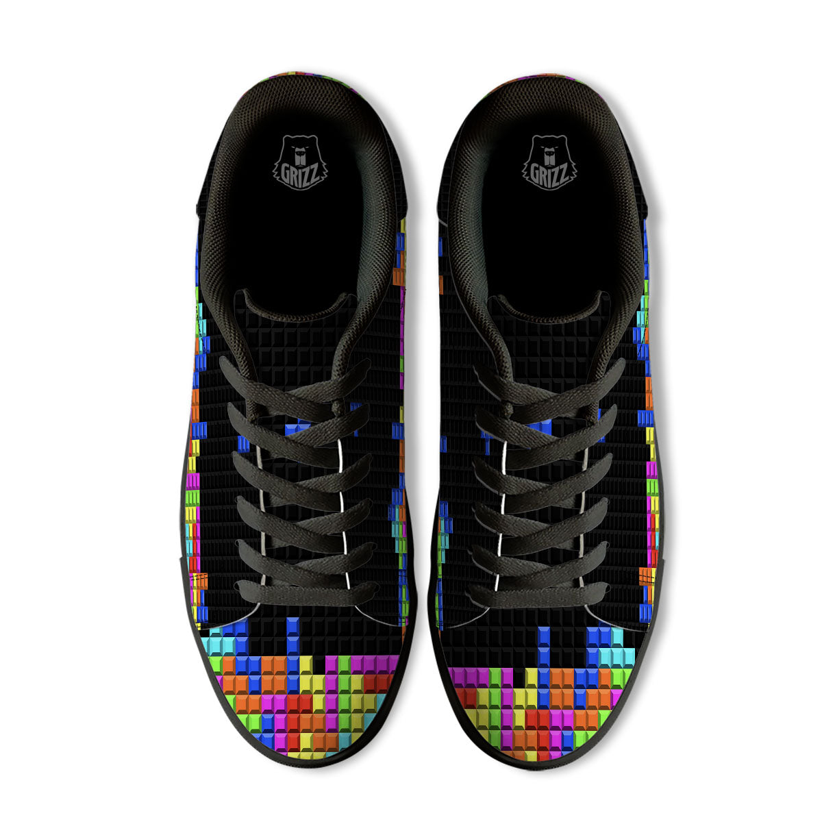 Video Game White Brick Puzzle Print Black Low Top Sneakers-grizzshop