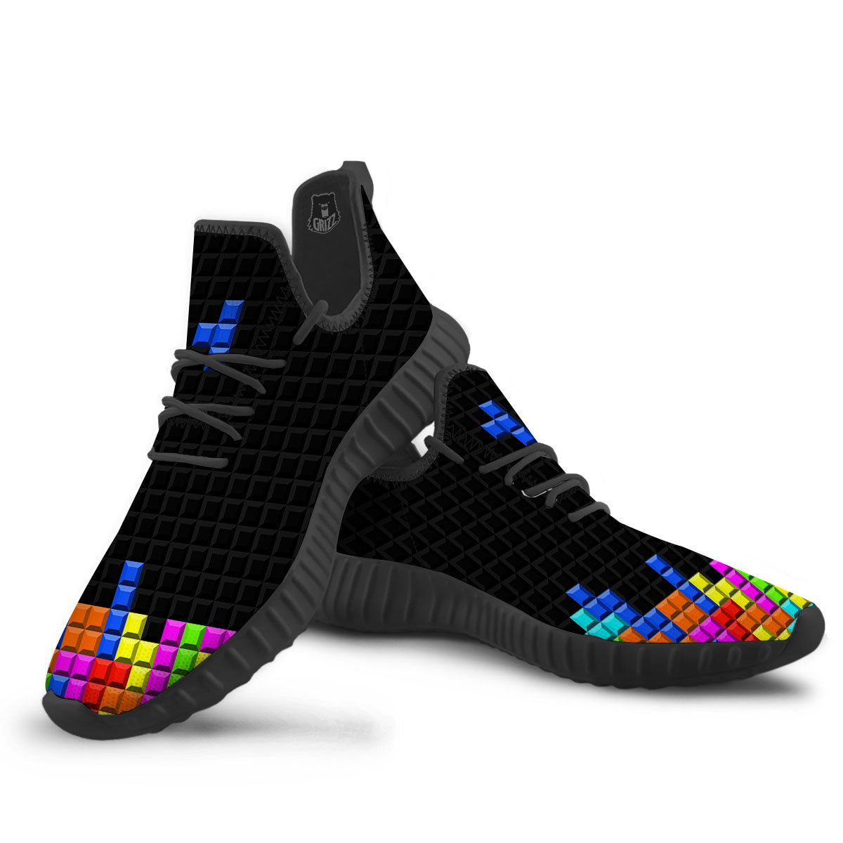 Video Game White Brick Puzzle Print Black Walking Shoes-grizzshop
