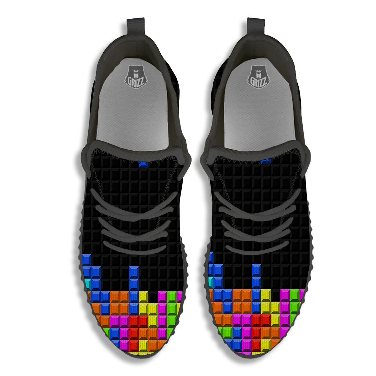Video Game White Brick Puzzle Print Black Walking Shoes-grizzshop