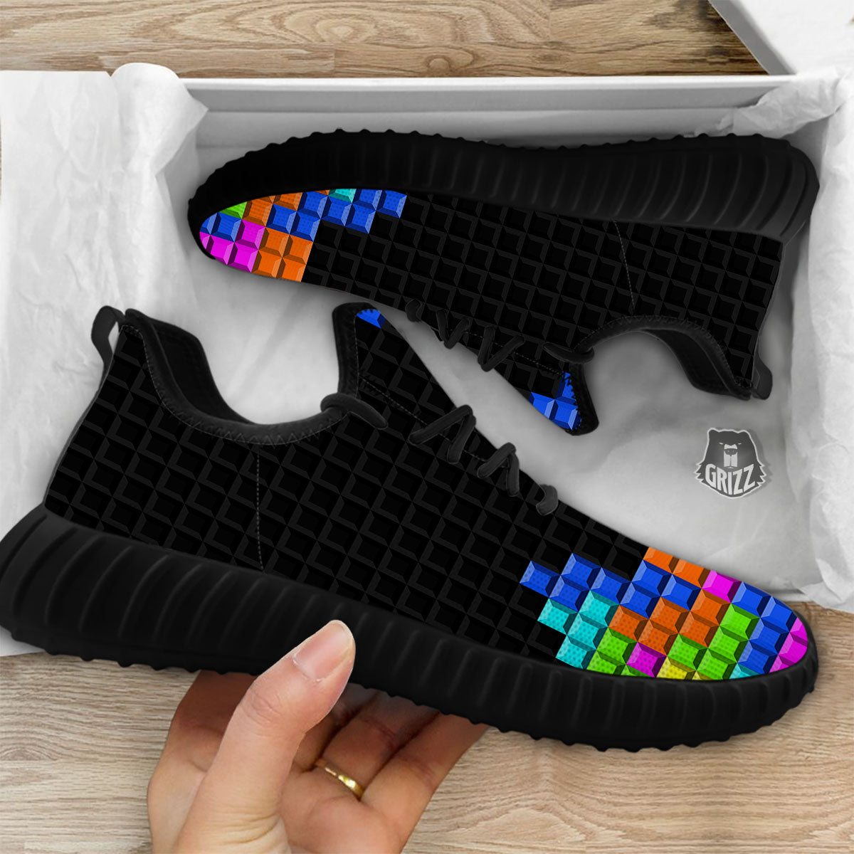 Video Game White Brick Puzzle Print Black Walking Shoes-grizzshop