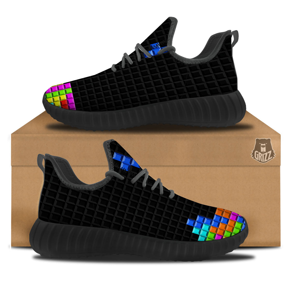 Video Game White Brick Puzzle Print Black Walking Shoes-grizzshop