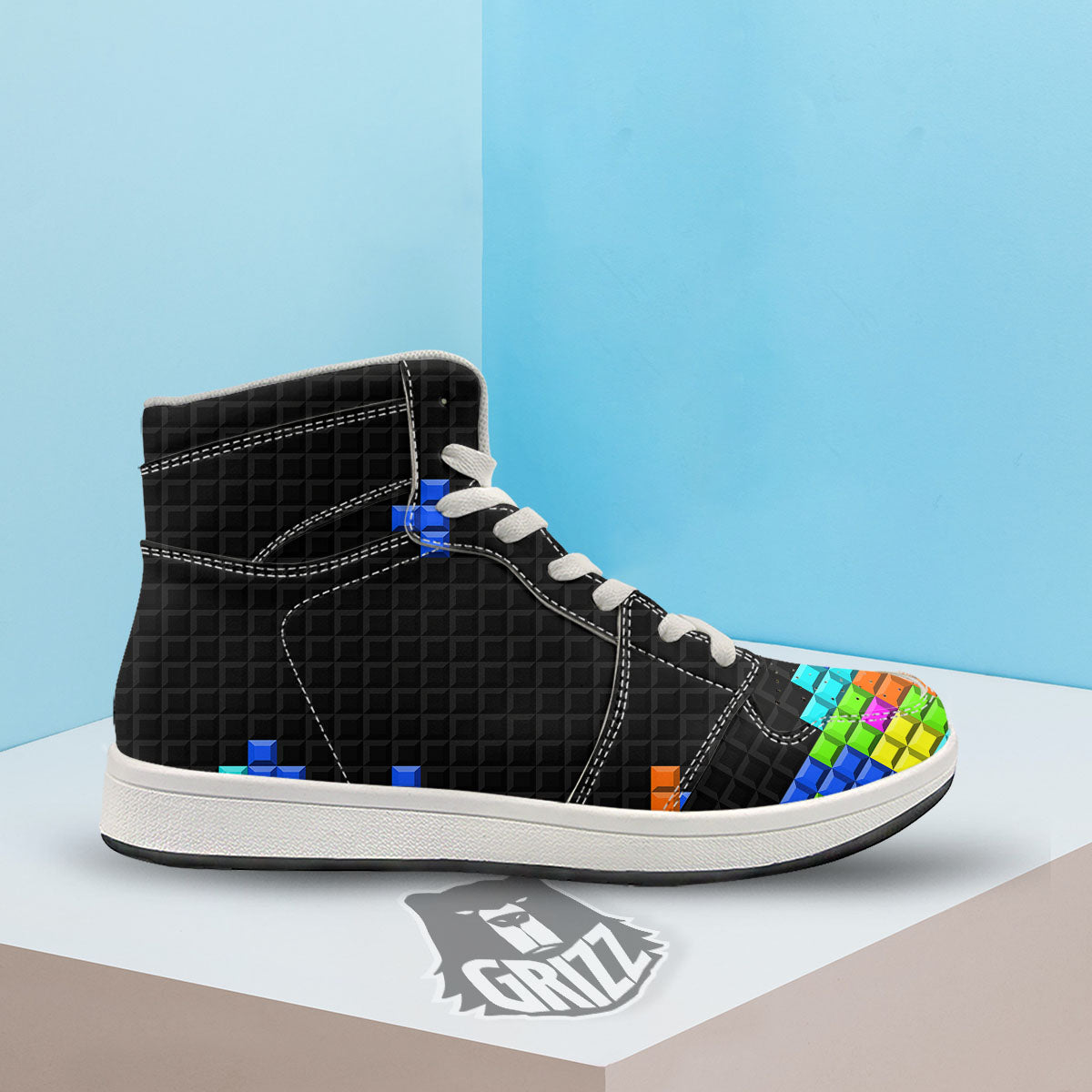 Video Game White Brick Puzzle Print High Top Sneakers-grizzshop