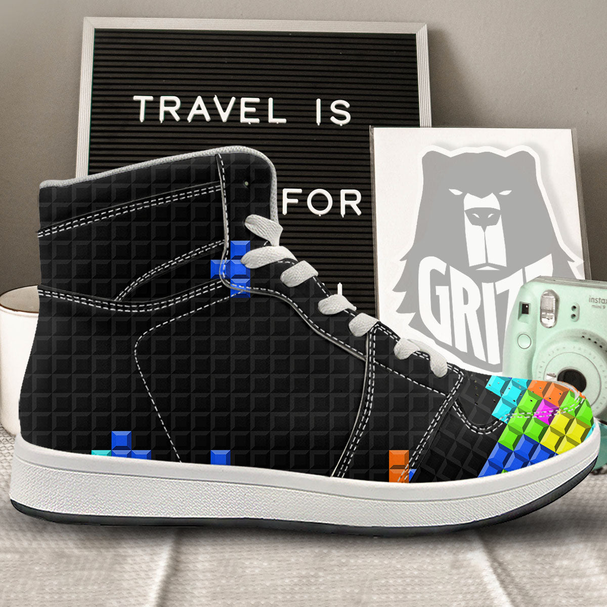 Video Game White Brick Puzzle Print High Top Sneakers-grizzshop