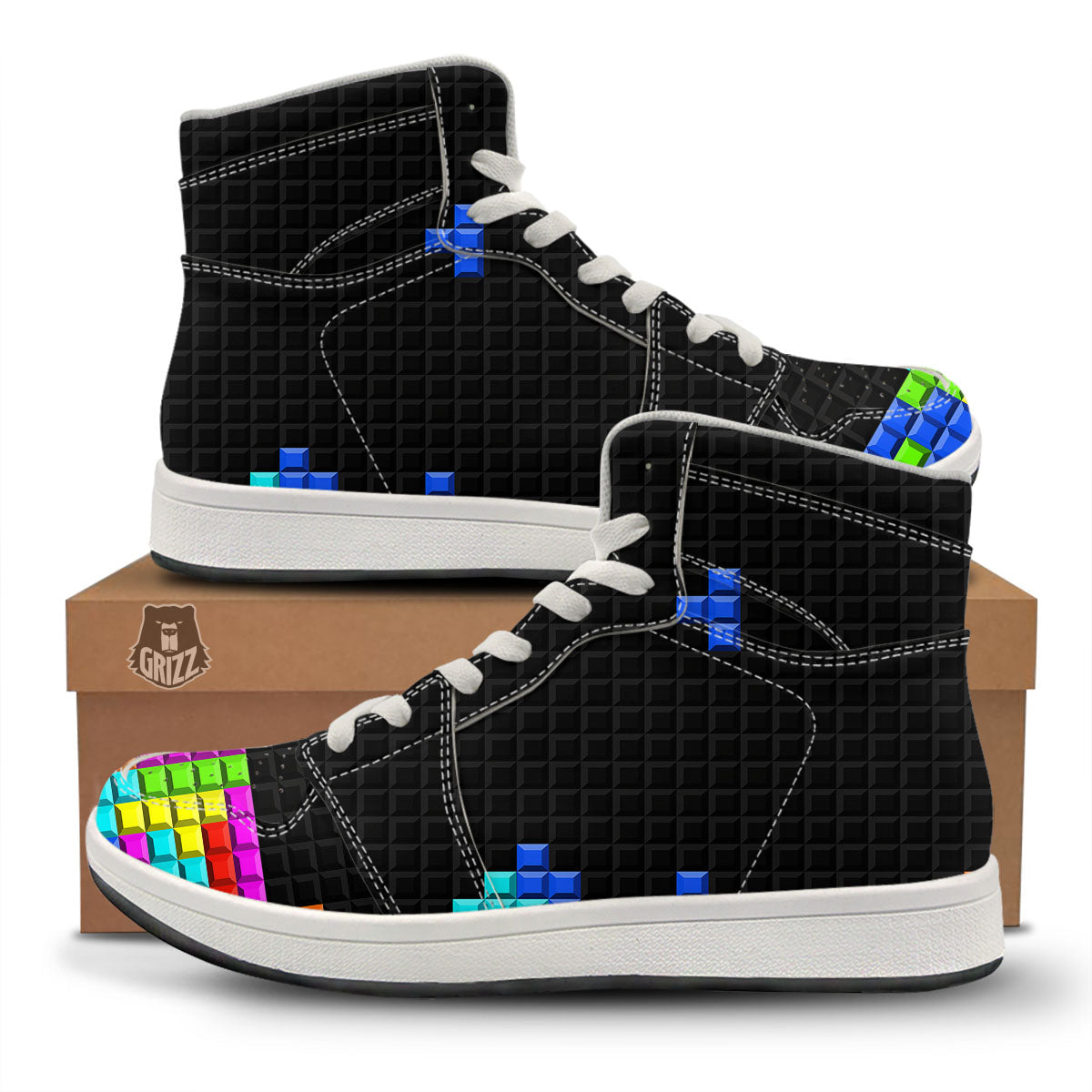 Video Game White Brick Puzzle Print High Top Sneakers-grizzshop