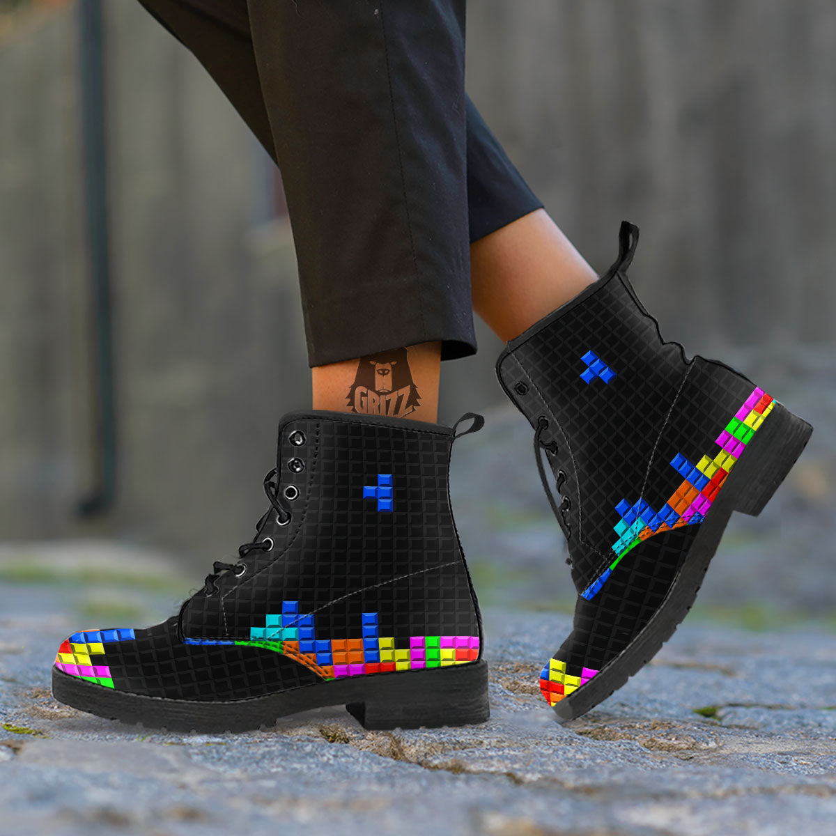 Video Game White Brick Puzzle Print Leather Boots-grizzshop