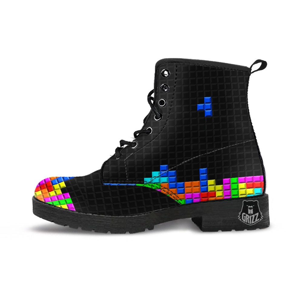 Video Game White Brick Puzzle Print Leather Boots-grizzshop