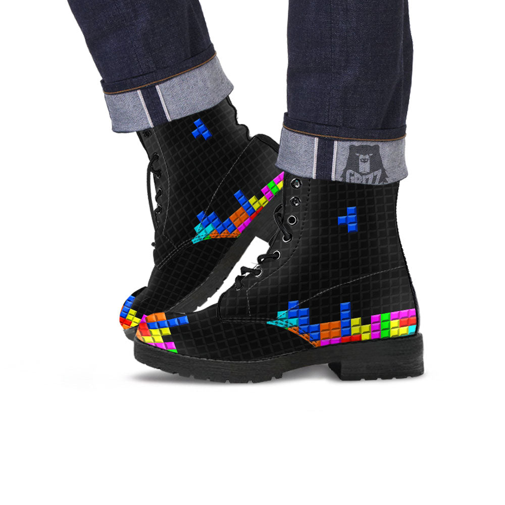 Video Game White Brick Puzzle Print Leather Boots-grizzshop