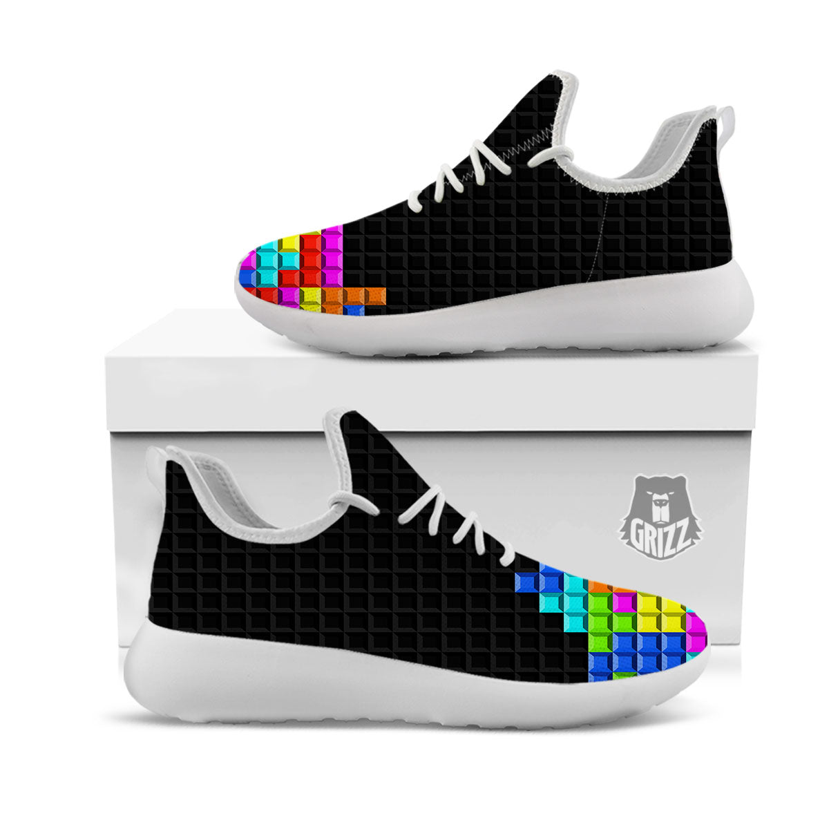 Video Game White Brick Puzzle Print White Athletic Shoes-grizzshop