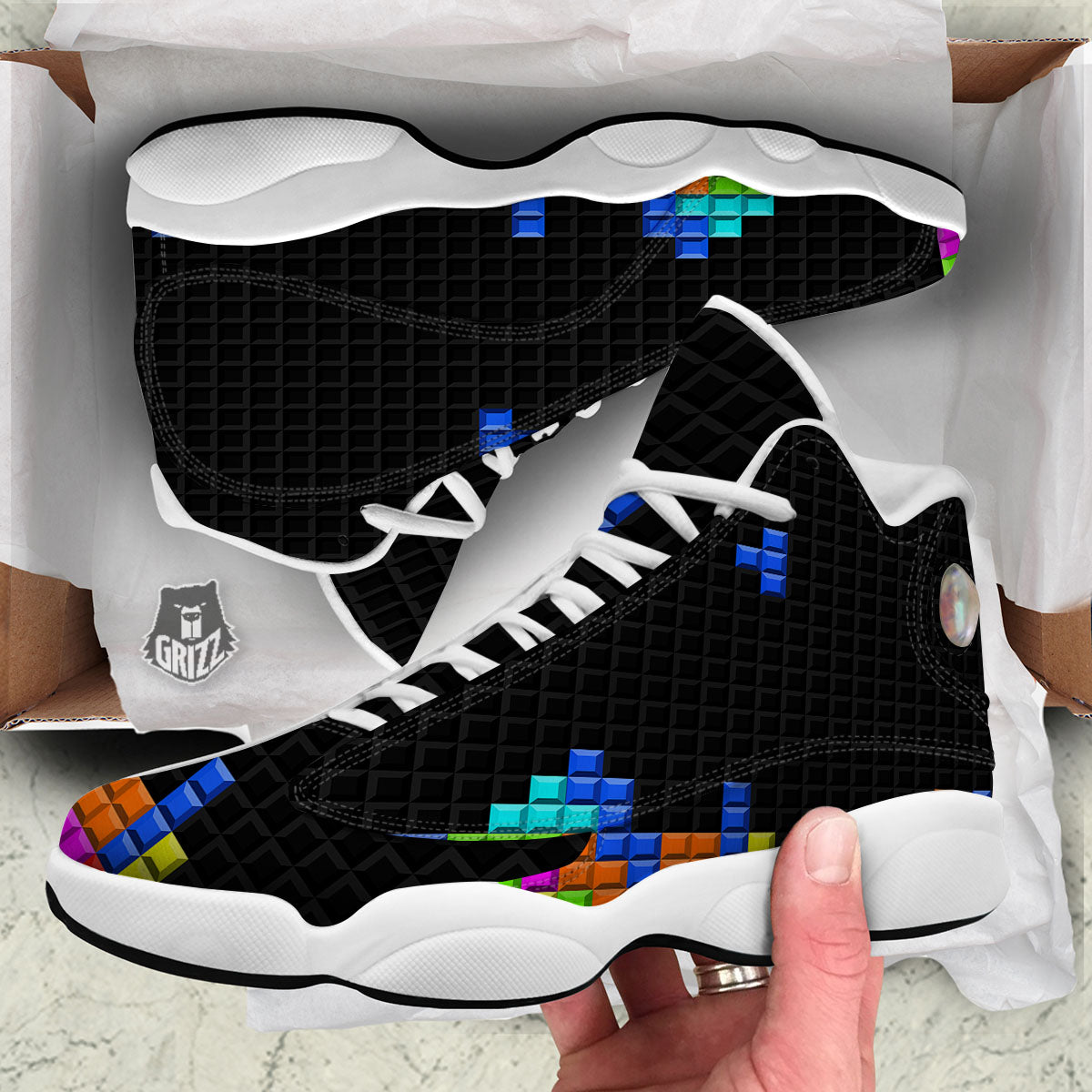 Video Game White Brick Puzzle Print White Basketball Shoes-grizzshop