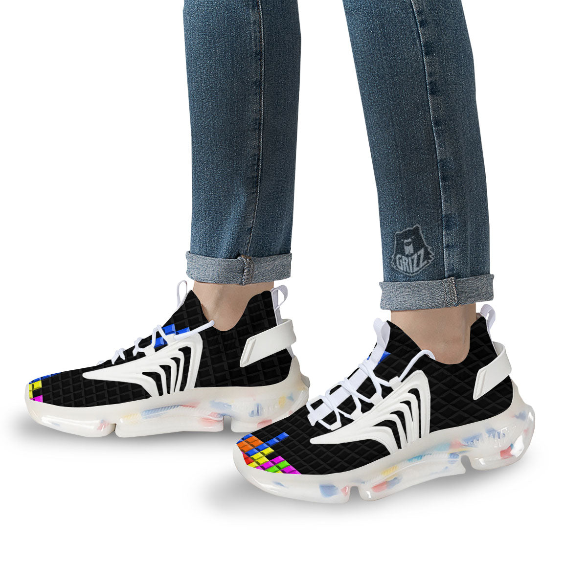 Video Game White Brick Puzzle Print White Gym Shoes-grizzshop