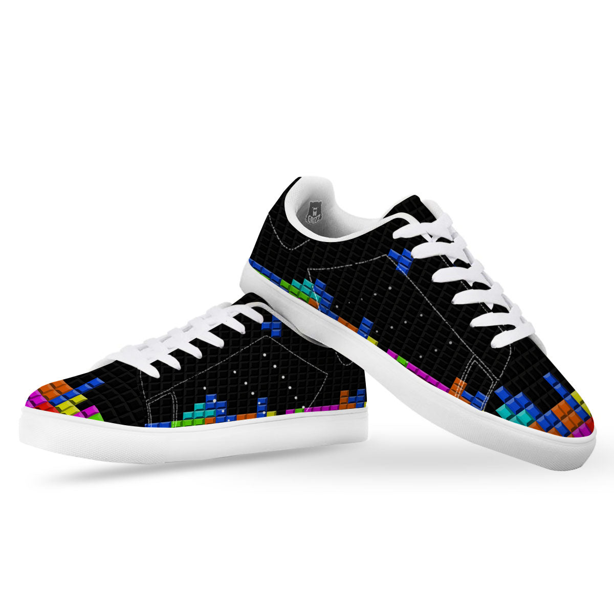 Video Game White Brick Puzzle Print White Low Top Sneakers-grizzshop