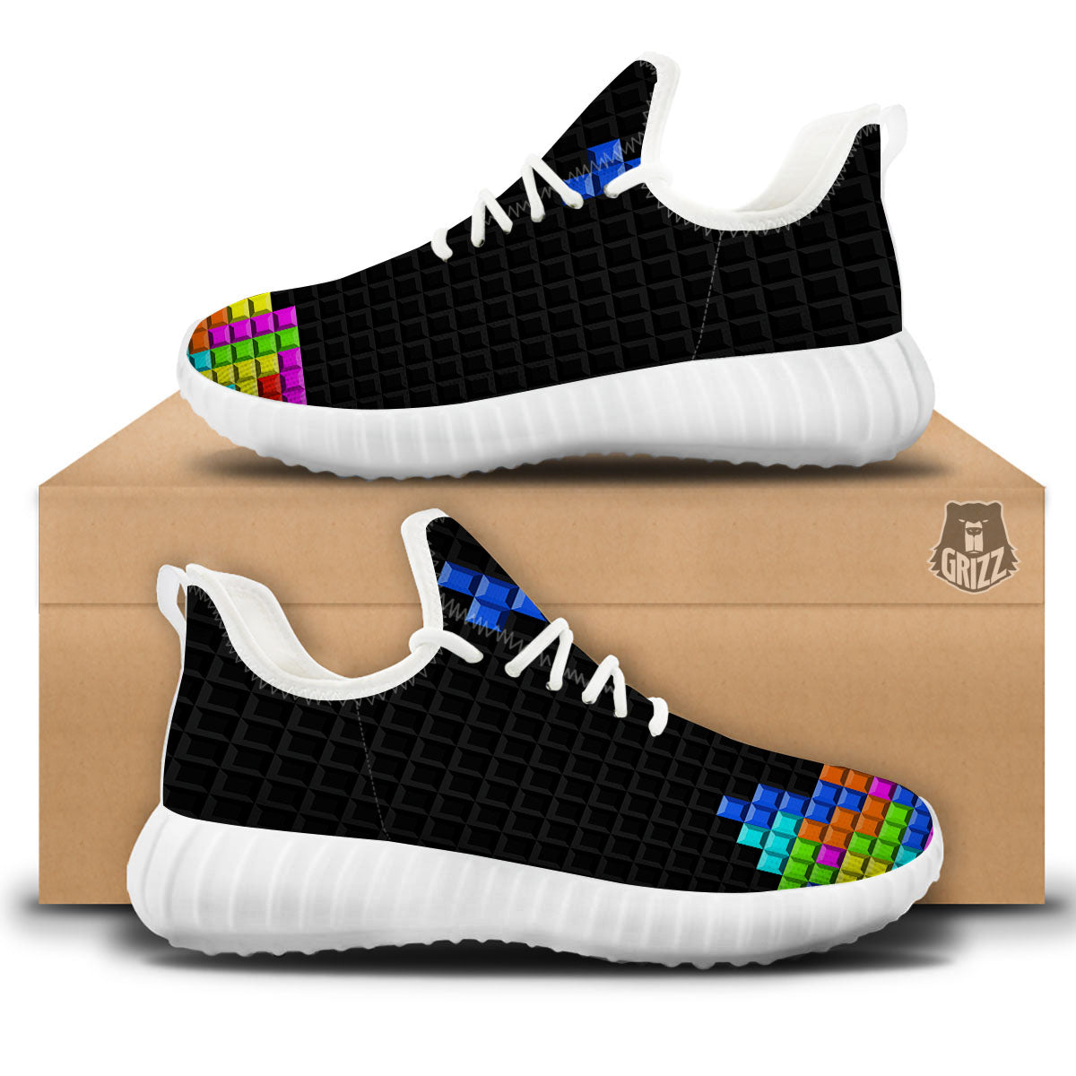 Video Game White Brick Puzzle Print White Walking Shoes-grizzshop