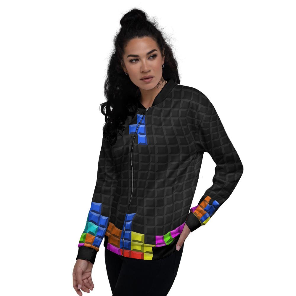 Video Game White Brick Puzzle Print Women's Bomber Jacket-grizzshop