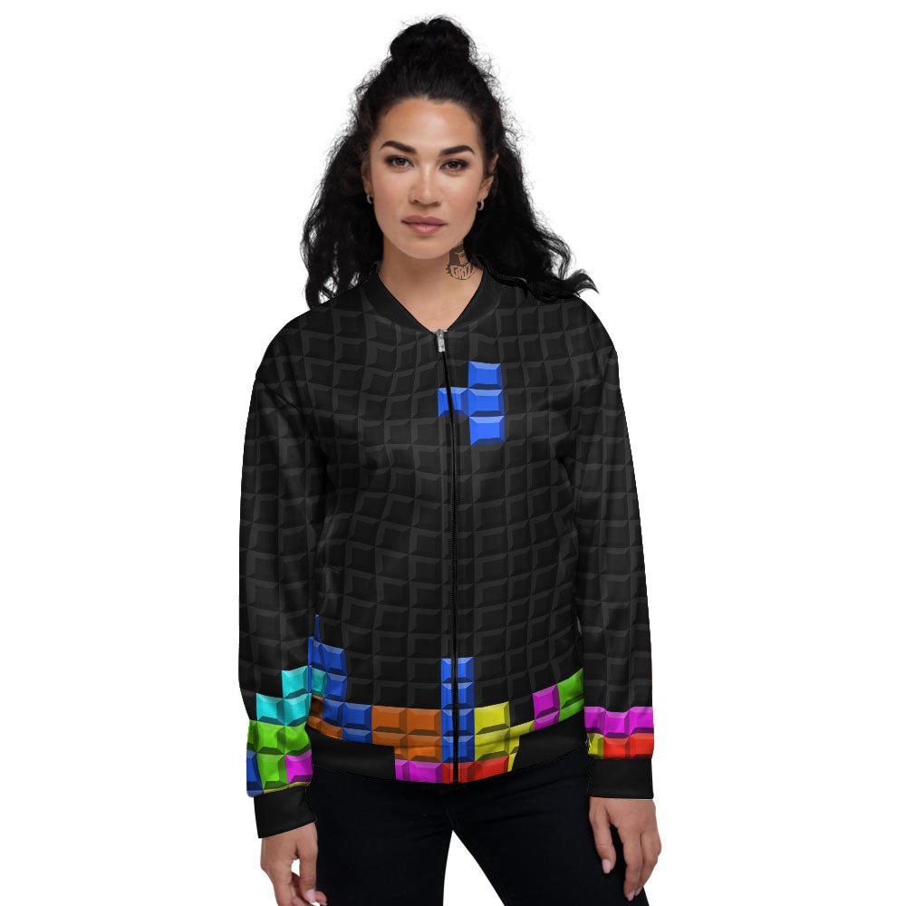 Video Game White Brick Puzzle Print Women's Bomber Jacket-grizzshop