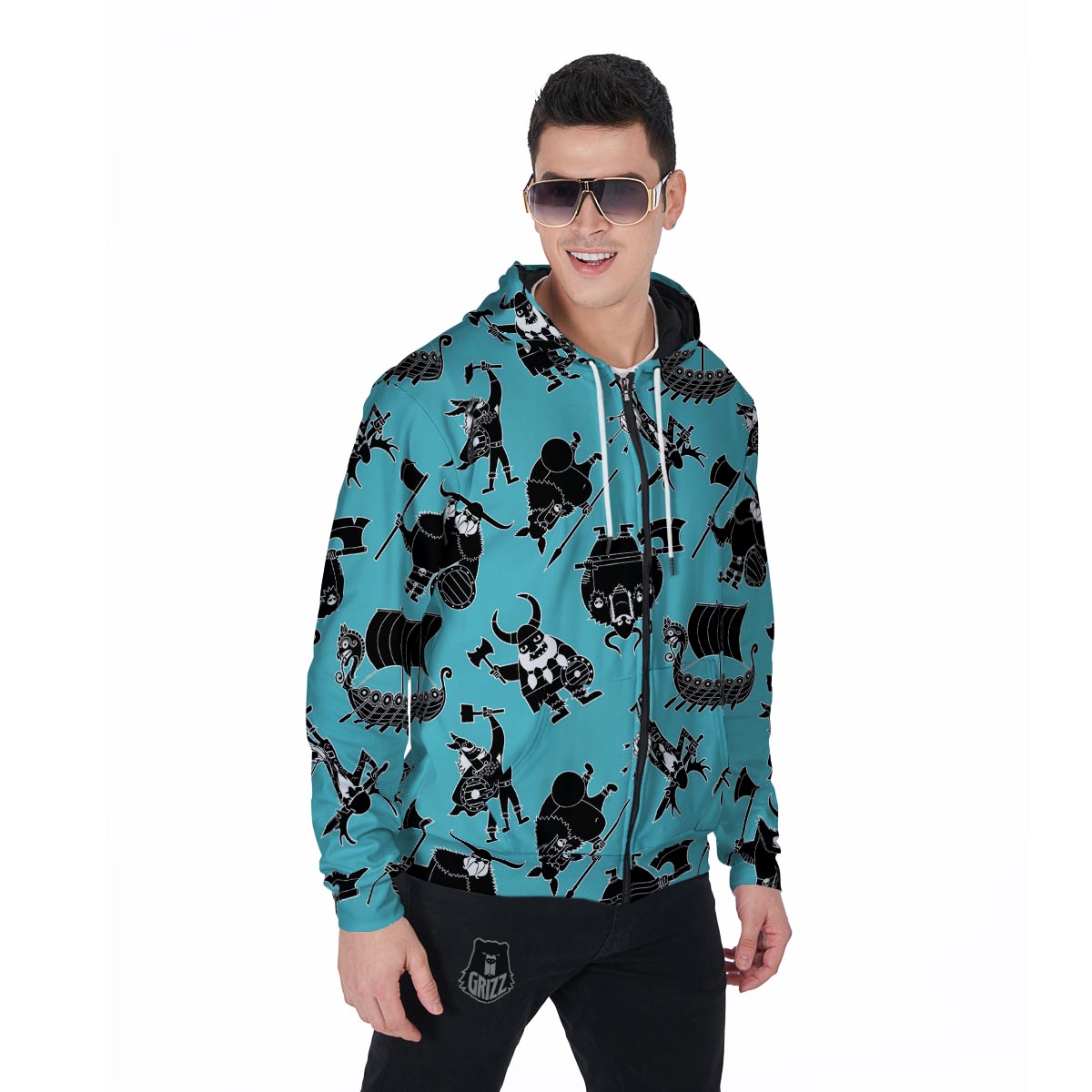 Viking Cartoon Silhouette Men's Zip Up Hoodie-grizzshop