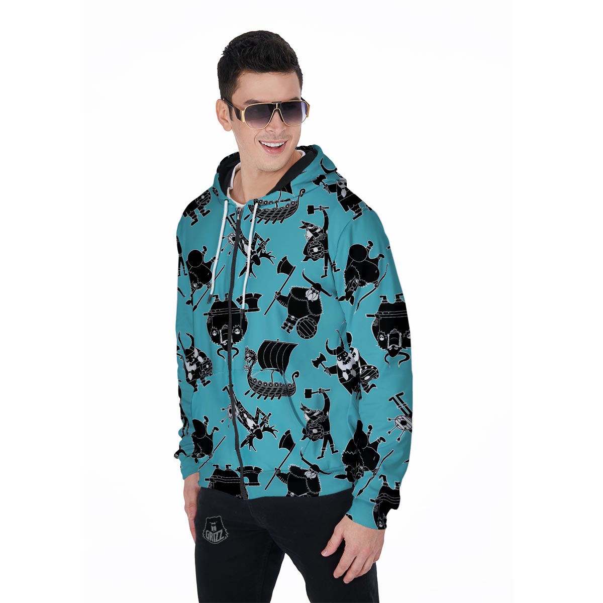 Viking Cartoon Silhouette Men's Zip Up Hoodie-grizzshop