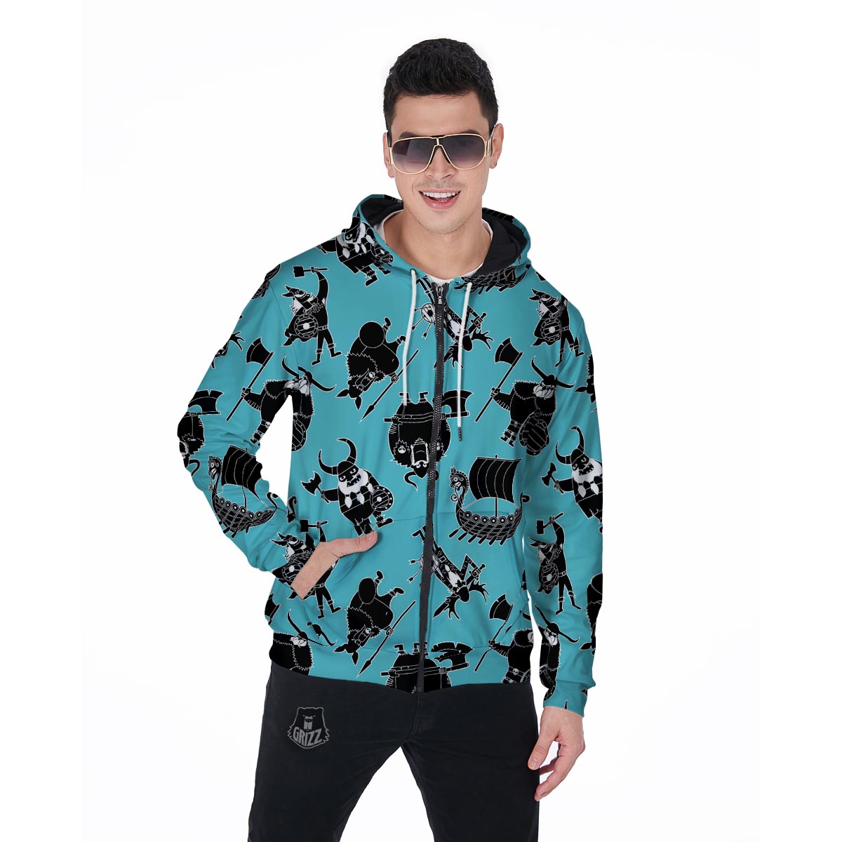 Viking Cartoon Silhouette Men's Zip Up Hoodie-grizzshop