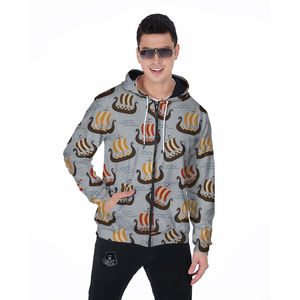 Viking Drakkar Ship Men's Zip Up Hoodie-grizzshop