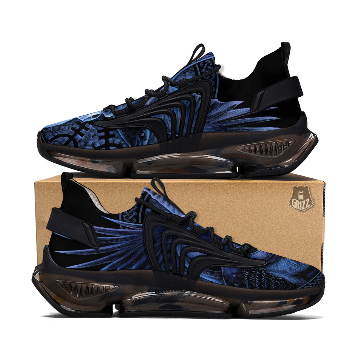 Viking God Odin And Crow Blue Print Black Gym Shoes-grizzshop