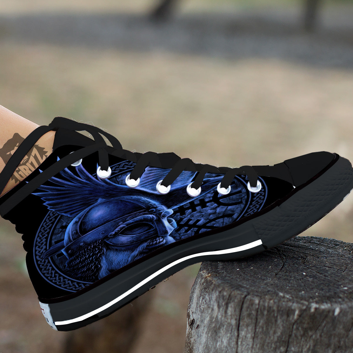 Viking God Odin And Crow Blue Print Black High Top Shoes-grizzshop