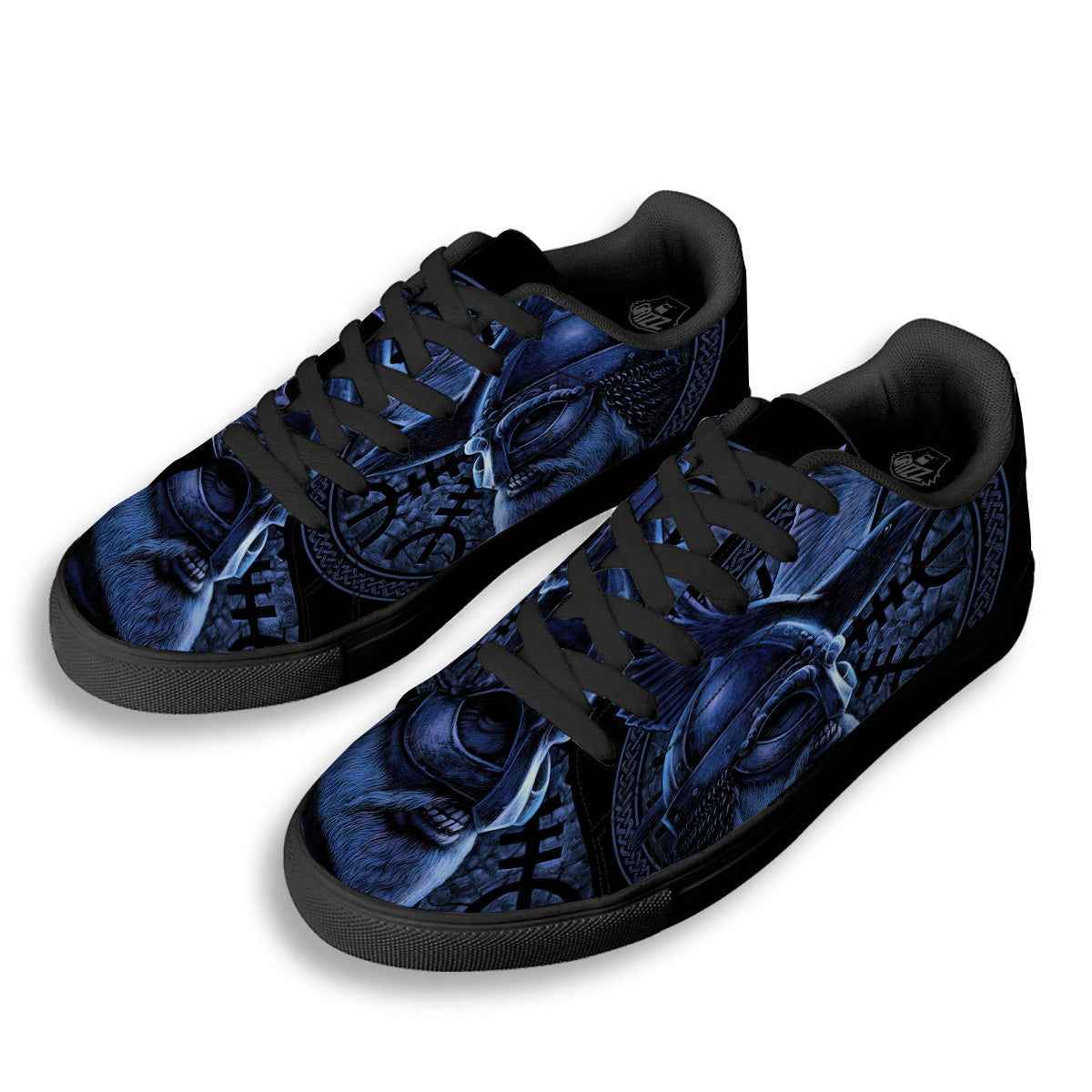 Viking God Odin And Crow Blue Print Black Low Top Sneakers-grizzshop