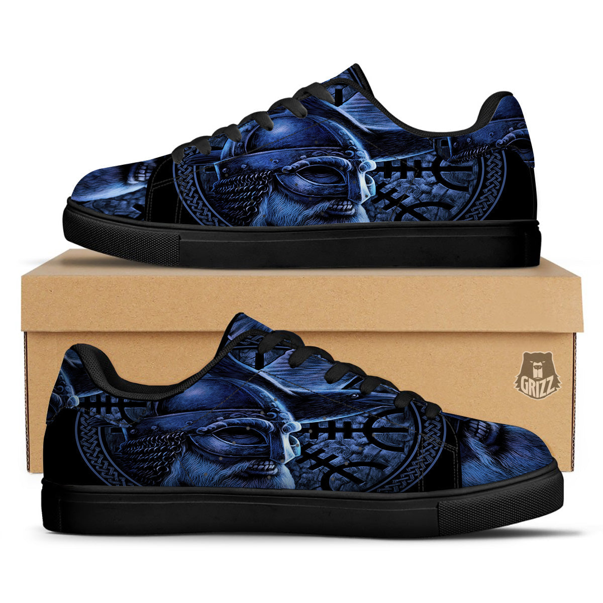 Viking God Odin And Crow Blue Print Black Low Top Sneakers-grizzshop