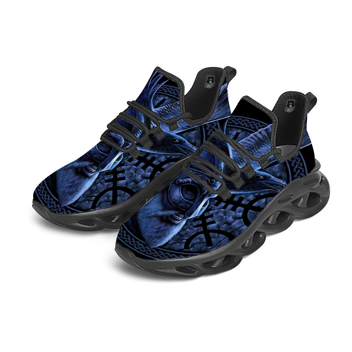 Viking God Odin And Crow Blue Print Black Running Shoes-grizzshop
