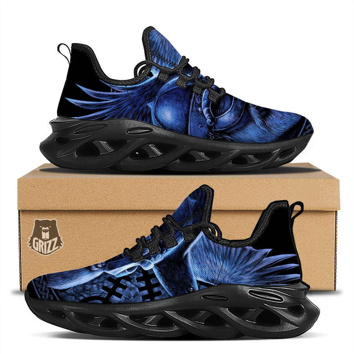 Viking God Odin And Crow Blue Print Black Running Shoes-grizzshop