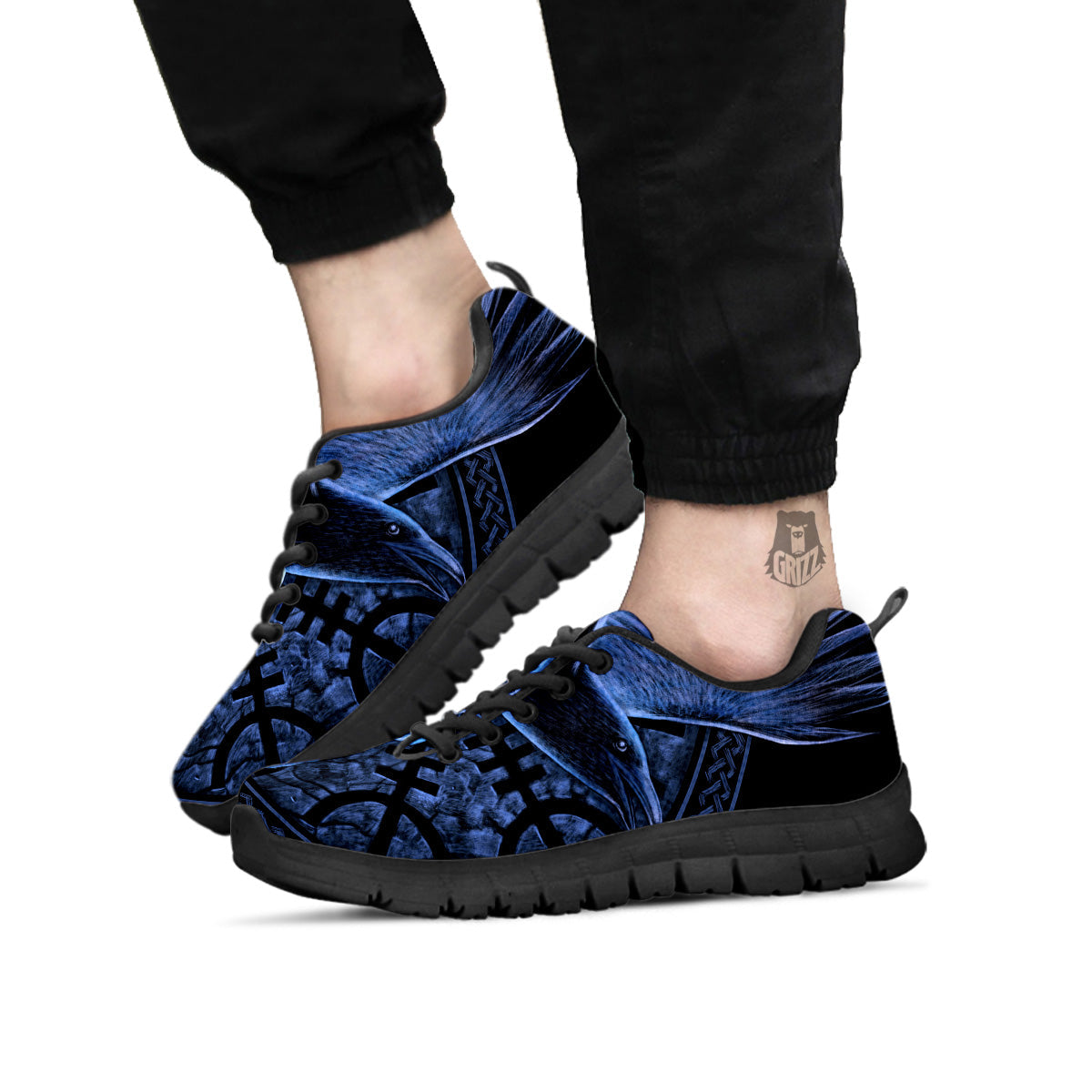 Viking God Odin And Crow Blue Print Black Sneaker-grizzshop