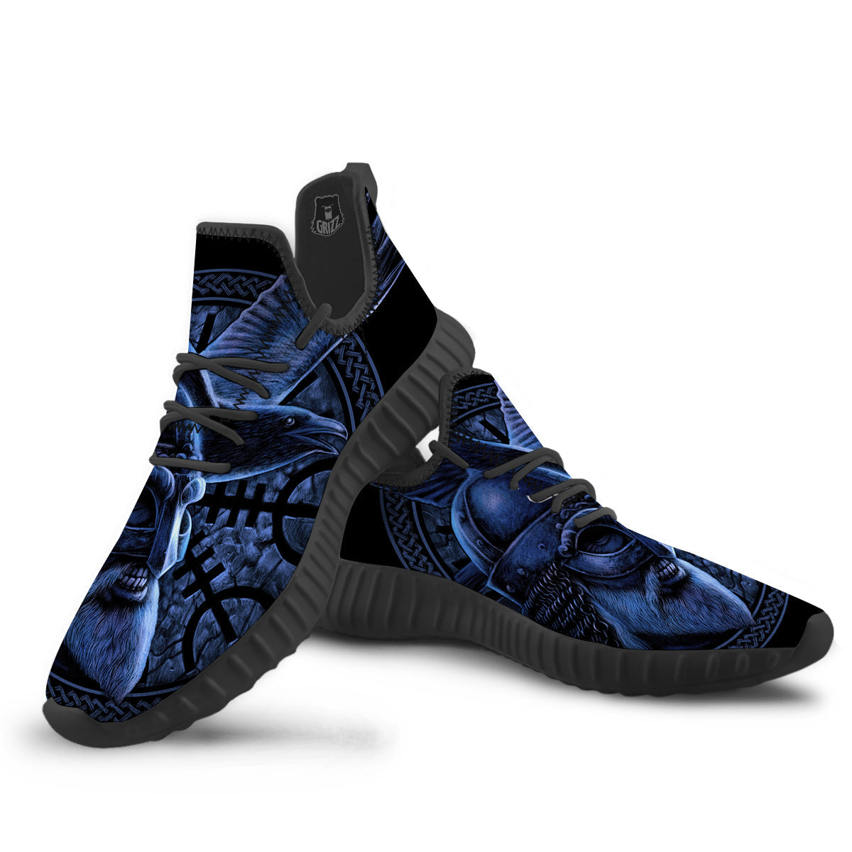 Viking God Odin And Crow Blue Print Black Walking Shoes-grizzshop