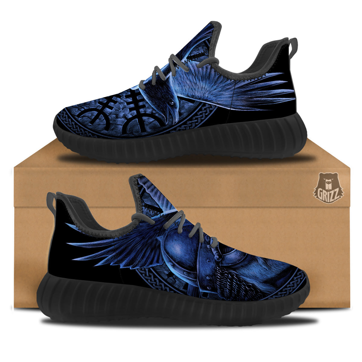 Viking God Odin And Crow Blue Print Black Walking Shoes-grizzshop