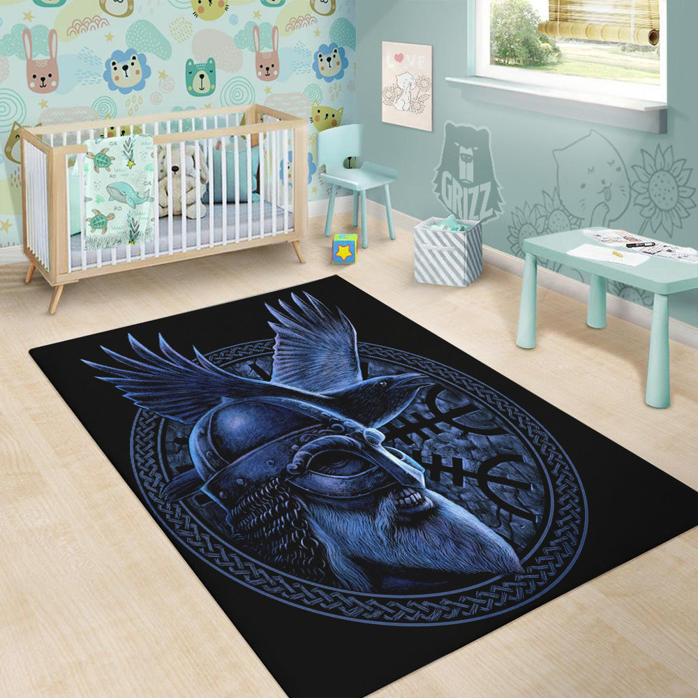 Viking God Odin And Crow Blue Print Floor Mat-grizzshop